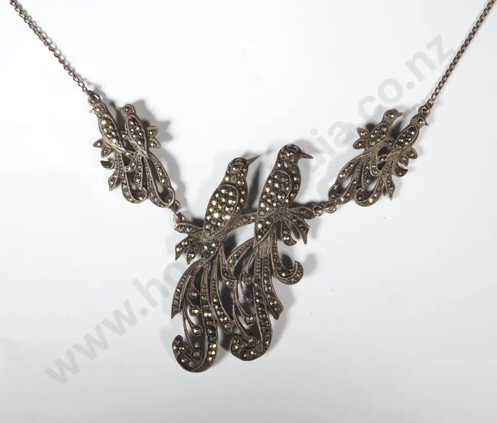 Vintage Marcasite Choker Depicting Two Birds on a Branch Image 1++