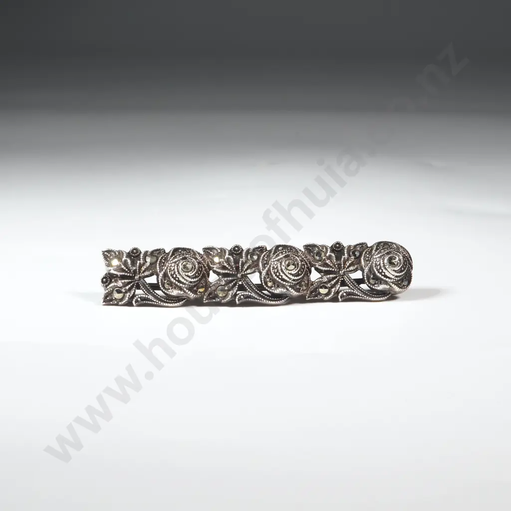 Sterling Silver & Marcasite Bar Brooch Image 1++