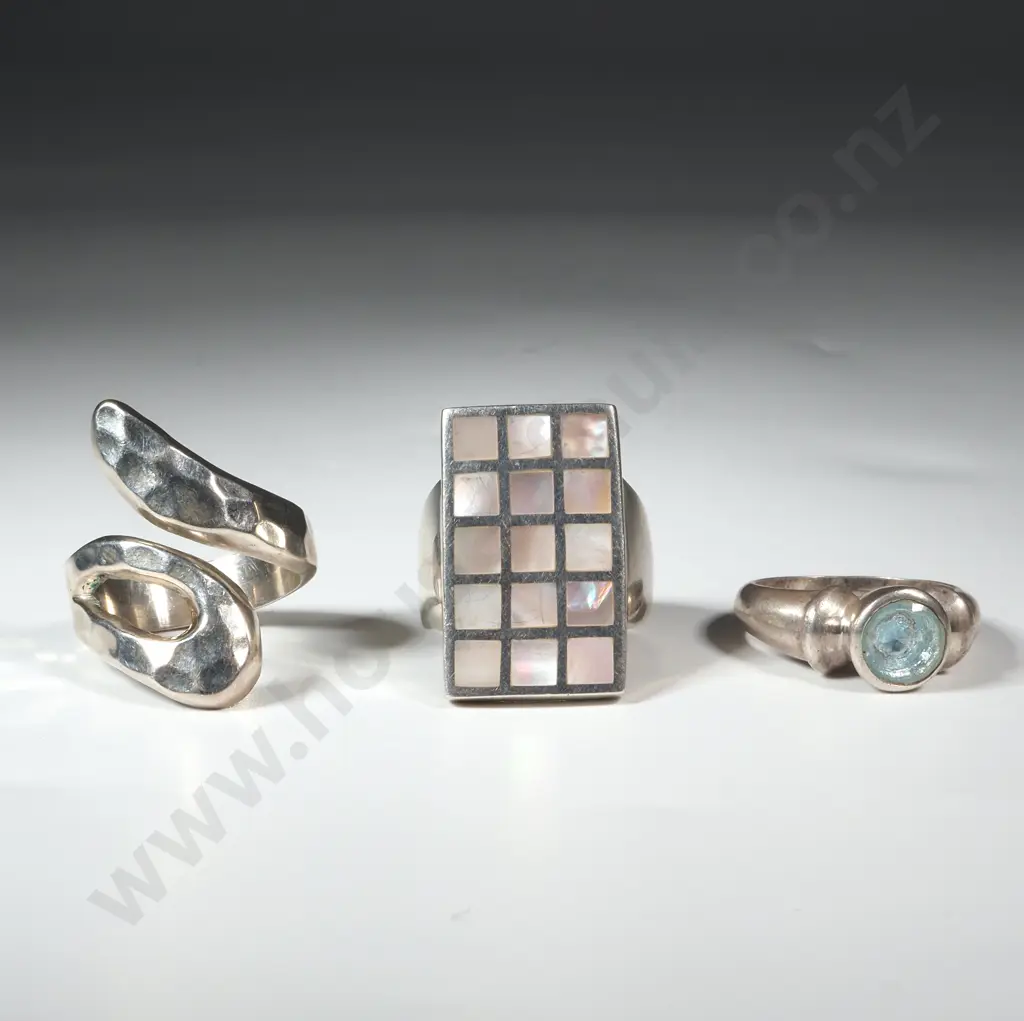 Three Sterling Rings - One w Pale Blue Stone & one w Mother of Pearl Image 1++