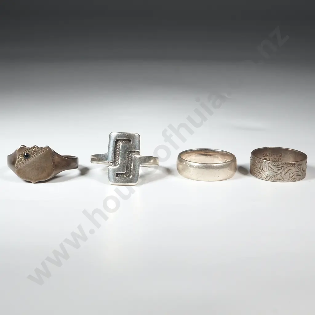 Four Large Sterling Silver Rings. One A Signet Ring With A Stone Image 1++