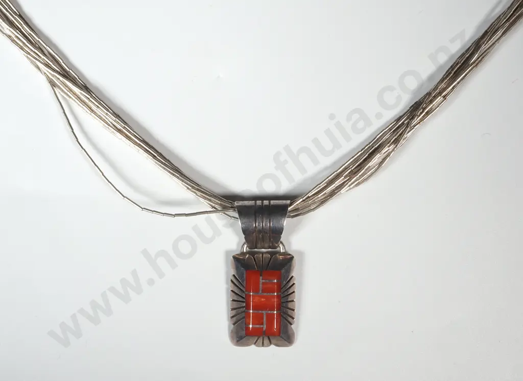Sterling Silver Strand Necklace w C. Benally Silver Inlaid Red Stone Pendant Image 1++