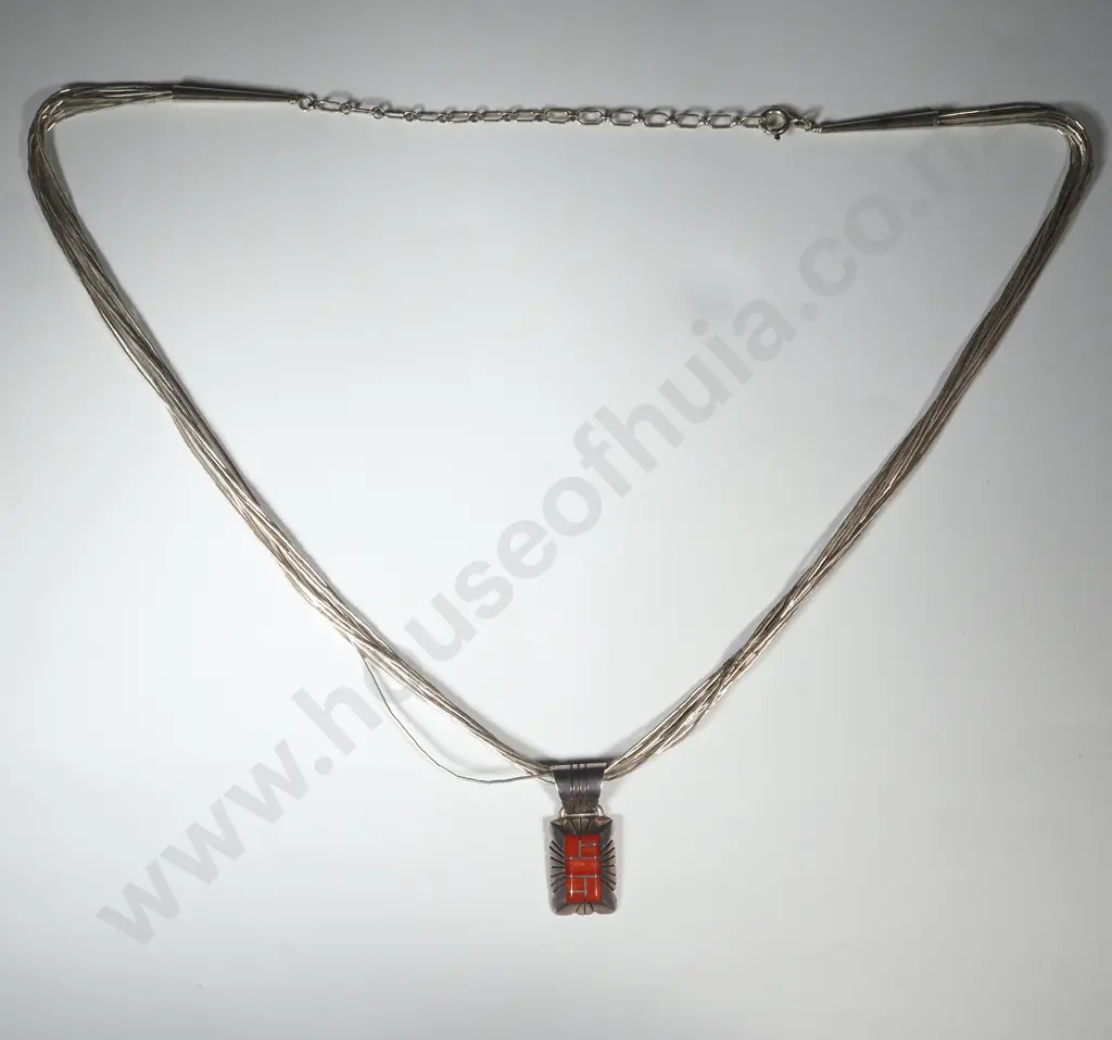 Sterling Silver Strand Necklace w C. Benally Silver Inlaid Red Stone Pendant Image 1++