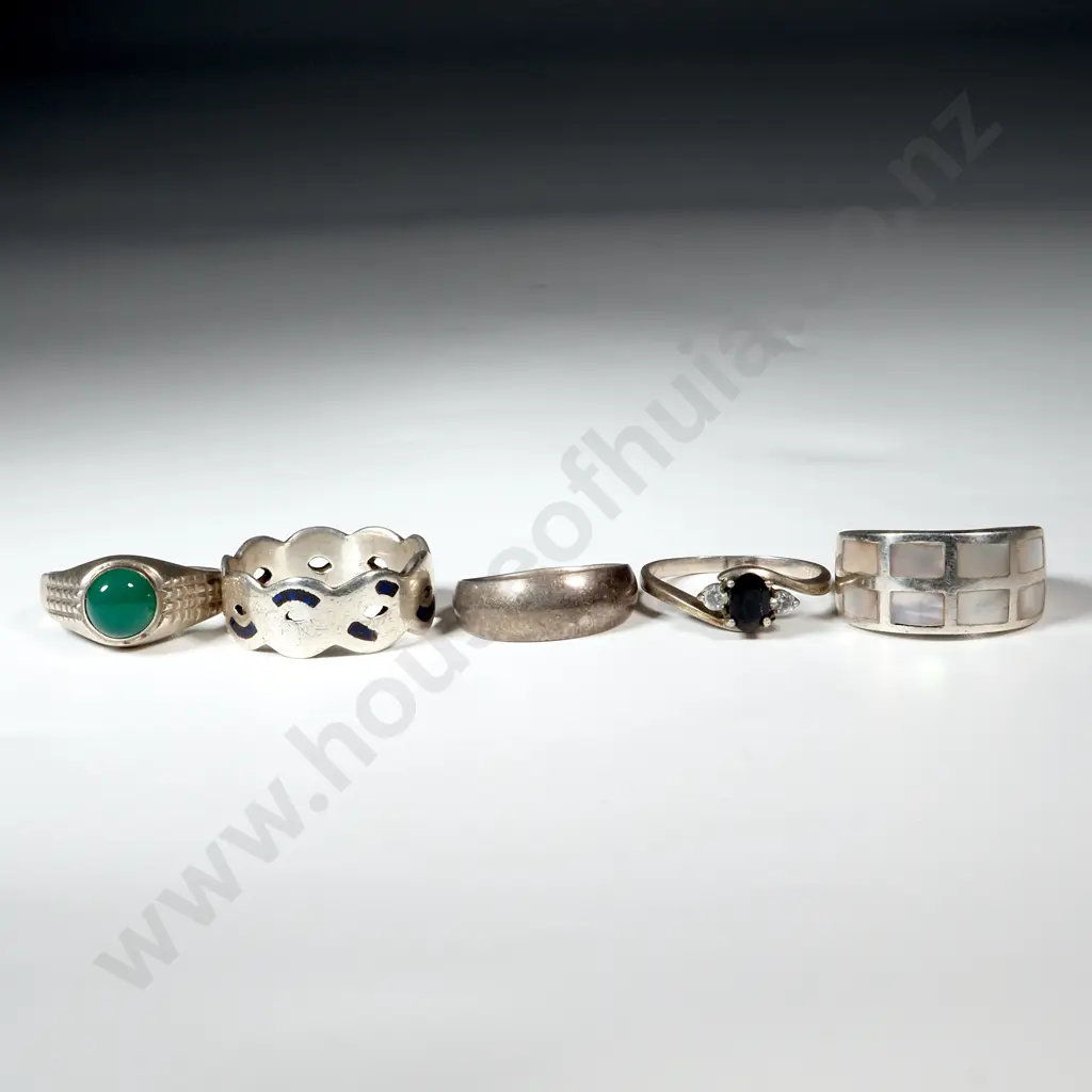 Five  Sterling Silver Rings. One Set With Blue & White Stones Image 1++