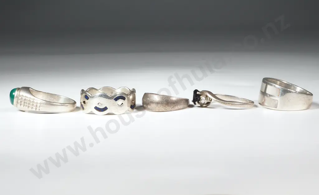 Five  Sterling Silver Rings. One Set With Blue & White Stones Image 1++