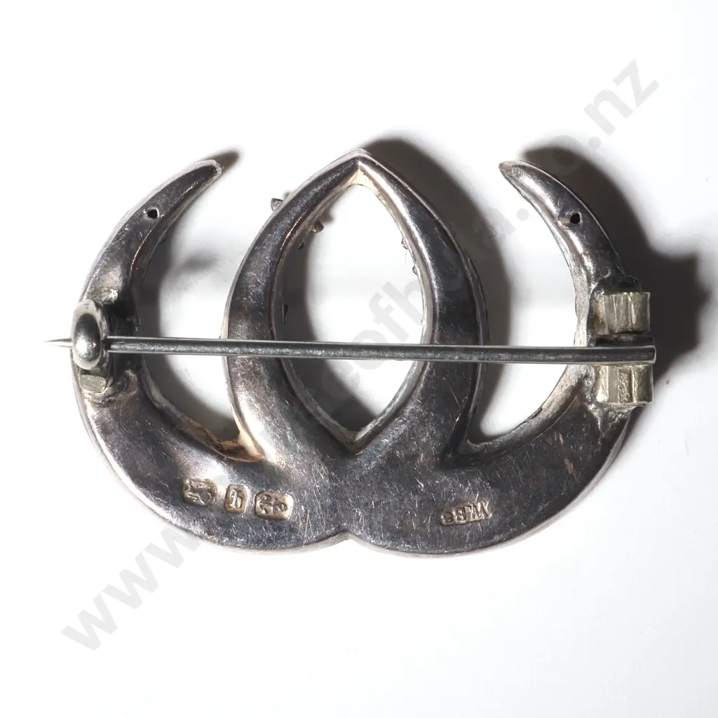 Antique  Sterling Silver  Double Horsehoe Brooch With Applied Flowers Image 1++