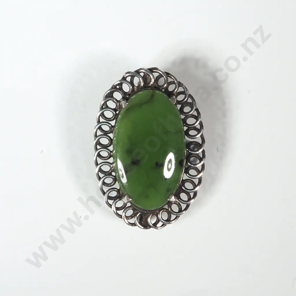 Sterling Silver & Greenstone Brooch Image 1++