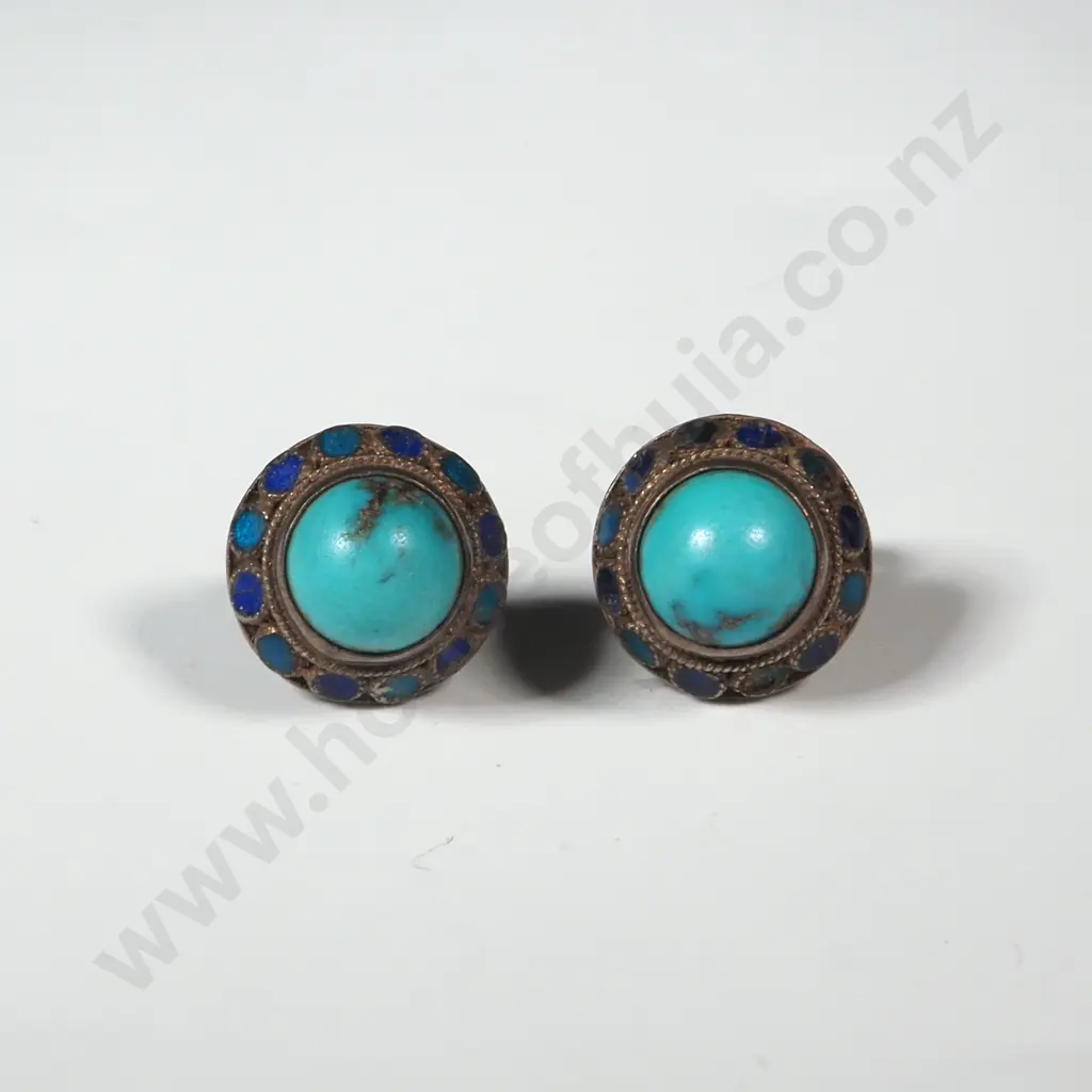 Pair Of  Vintage Sterling Silver & Turquoise Stone Dome Shaped Stud Earrings Image 1++