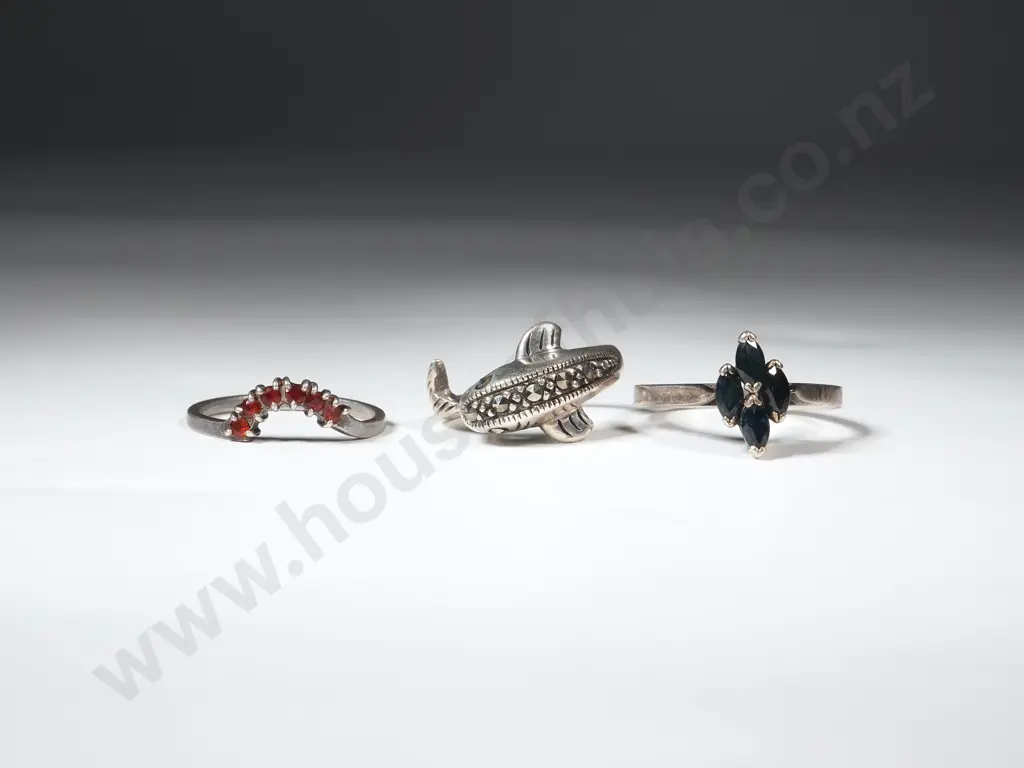Three Sterling Silver Rings. One Marcasite In The Form Of A Dolphin Image 1++