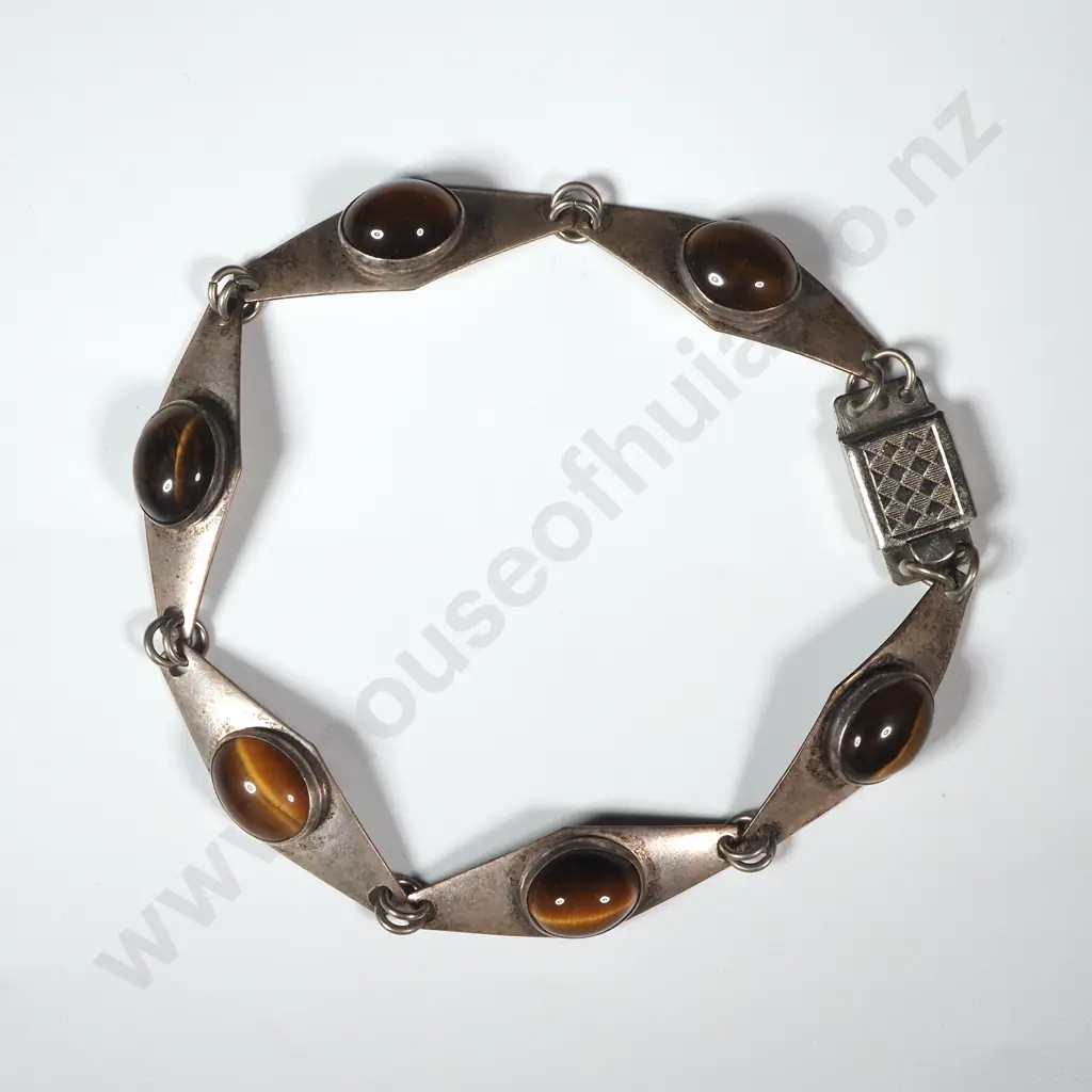 Vintage Sterling Silver & Tiger's Eye Link Bracelet Image 1++