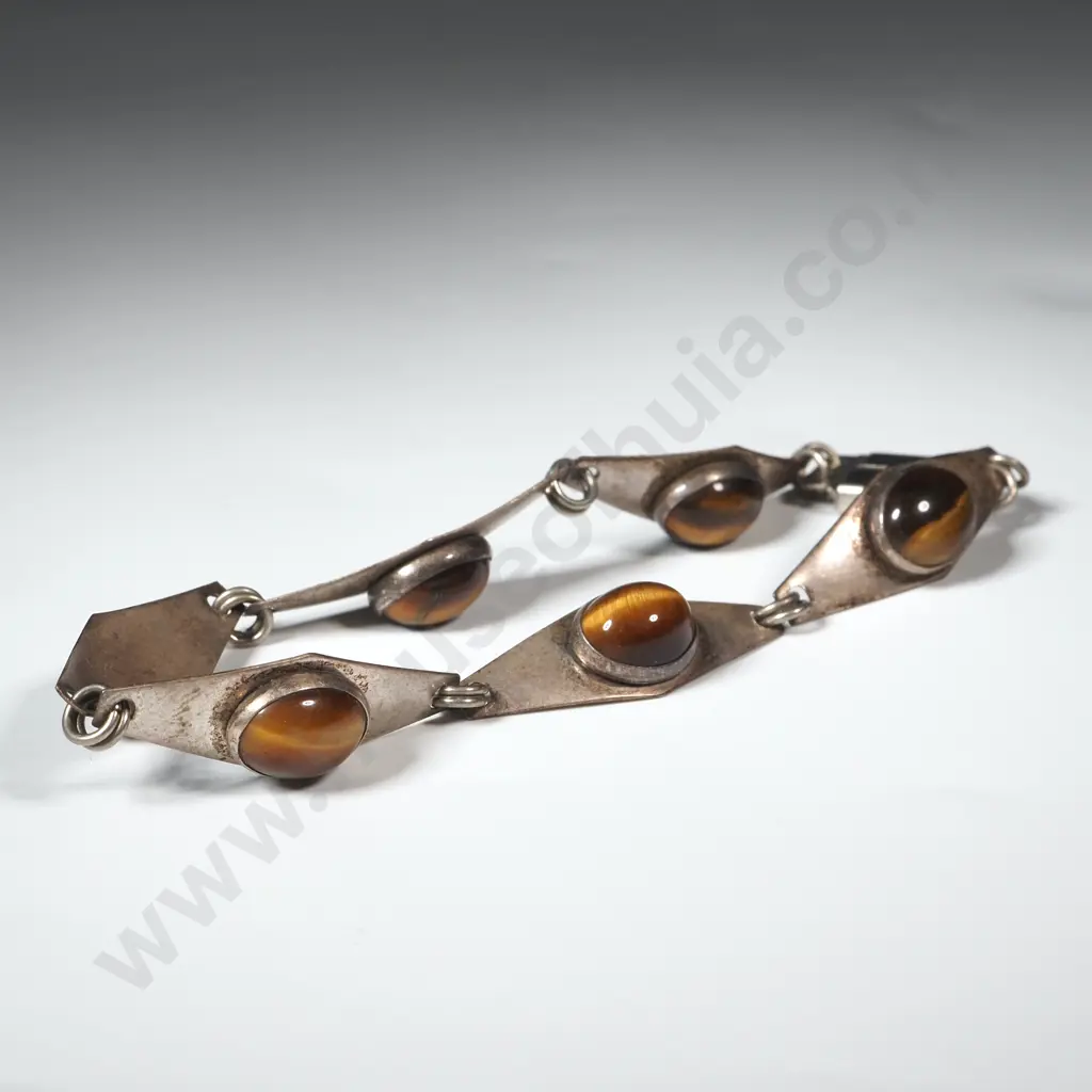 Vintage Sterling Silver & Tiger's Eye Link Bracelet Image 1++