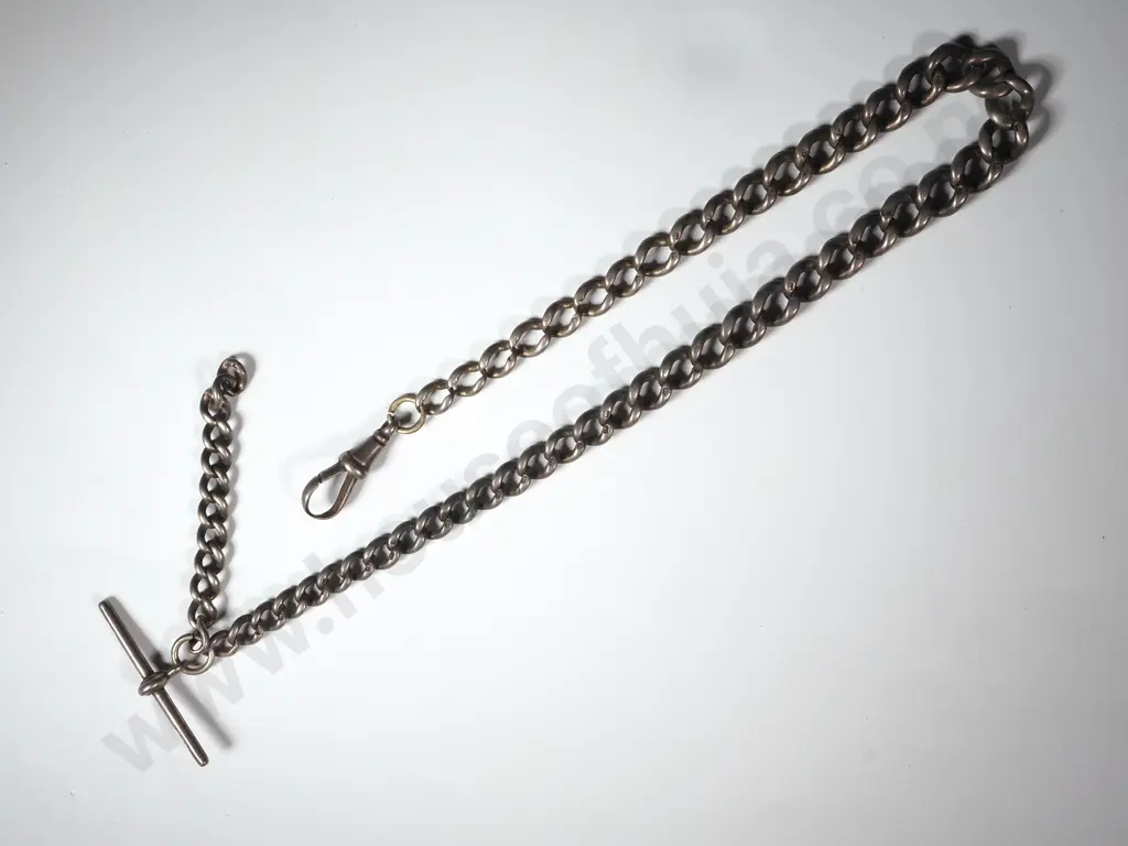 Sterling Silver Graduated Curb Link Single Albert Chain w T Bar Image 1++