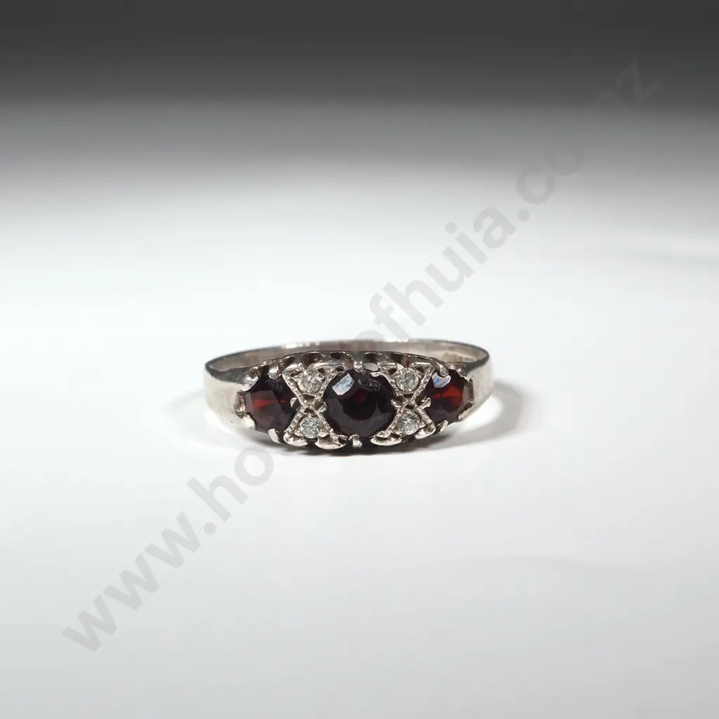 Vintage Sterling Silver Bridge Ring Set With Red Stones  Image 1++