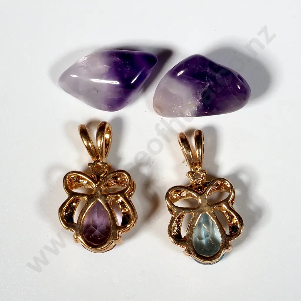 Two Pendants - Aquamarine & Amethyst/Diamond Gold Coloured, & Two Amethyst Coloured Loose Stones.. Image 1++