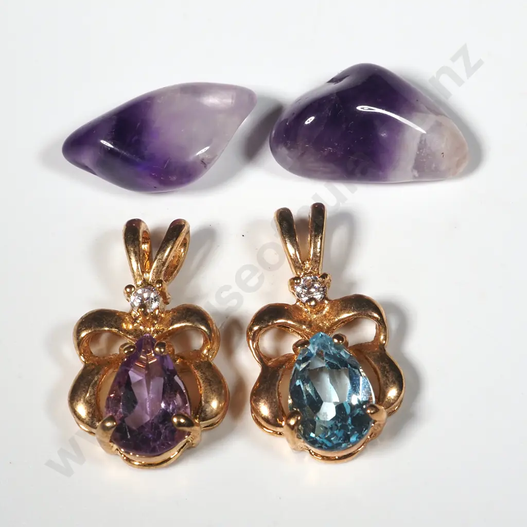 Two Pendants - Aquamarine & Amethyst/Diamond Gold Coloured, & Two Amethyst Coloured Loose Stones.. Image 1++
