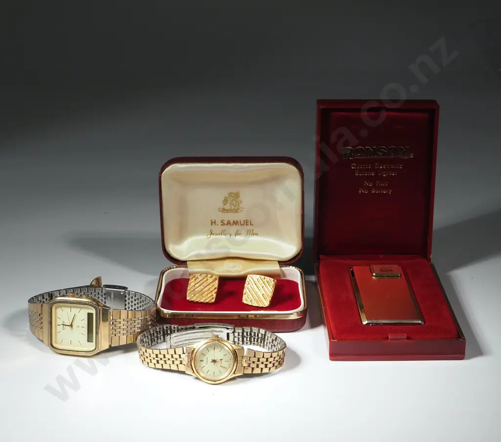 Gentlemans Treasure Trove - Two Watches, Cigarette Lighter, & Cased Cufflinks Image 1++