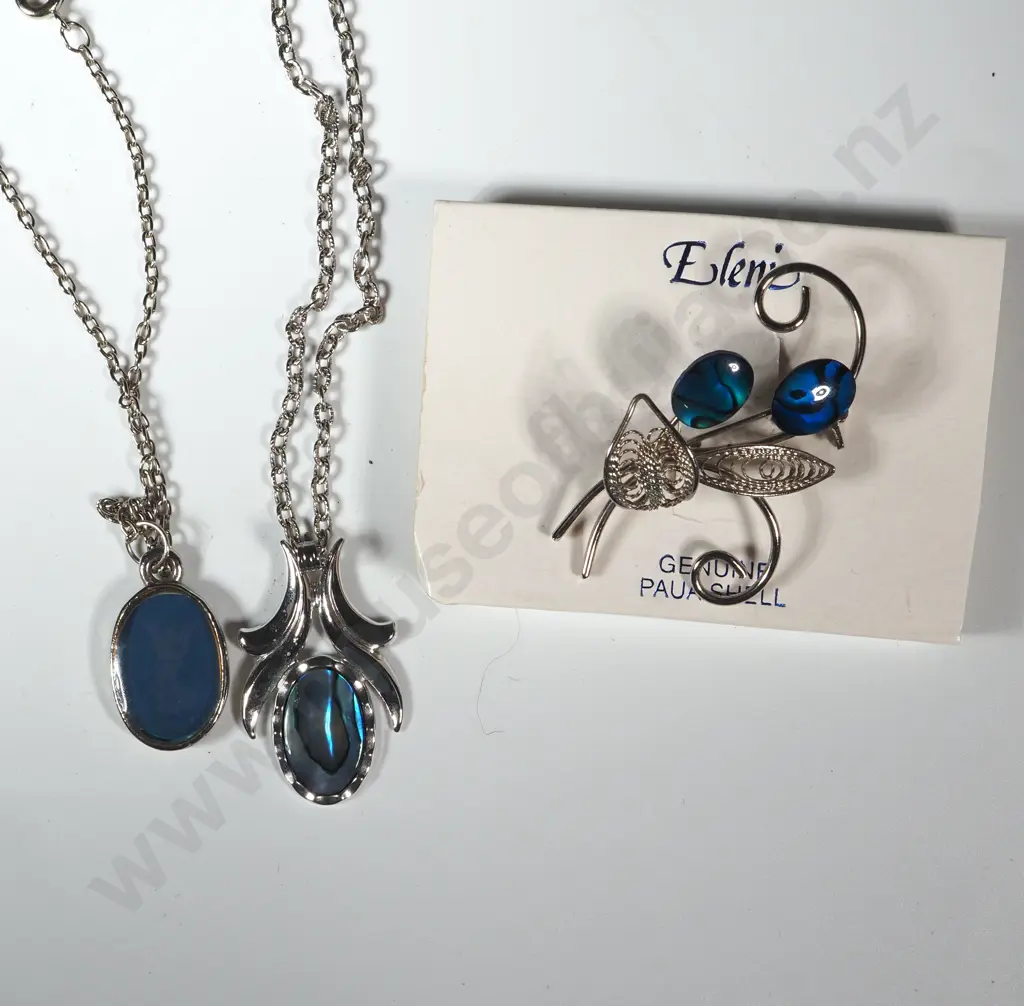 Lot of Two Pendants w Chains (Paua & A Blue Stone) & a Paua Brooch. Image 1++