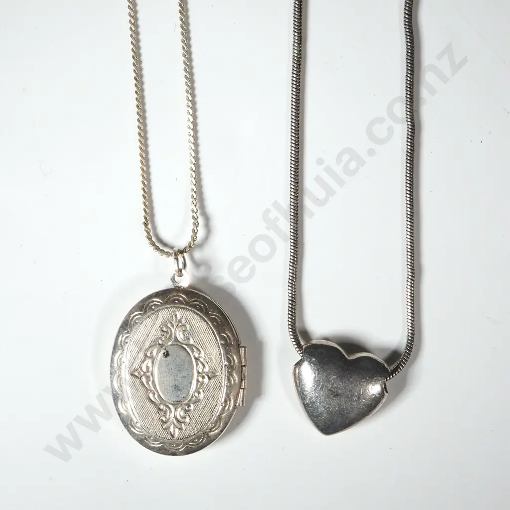 Two Silver Coloured Chains w Locket & Heart. Image 1++