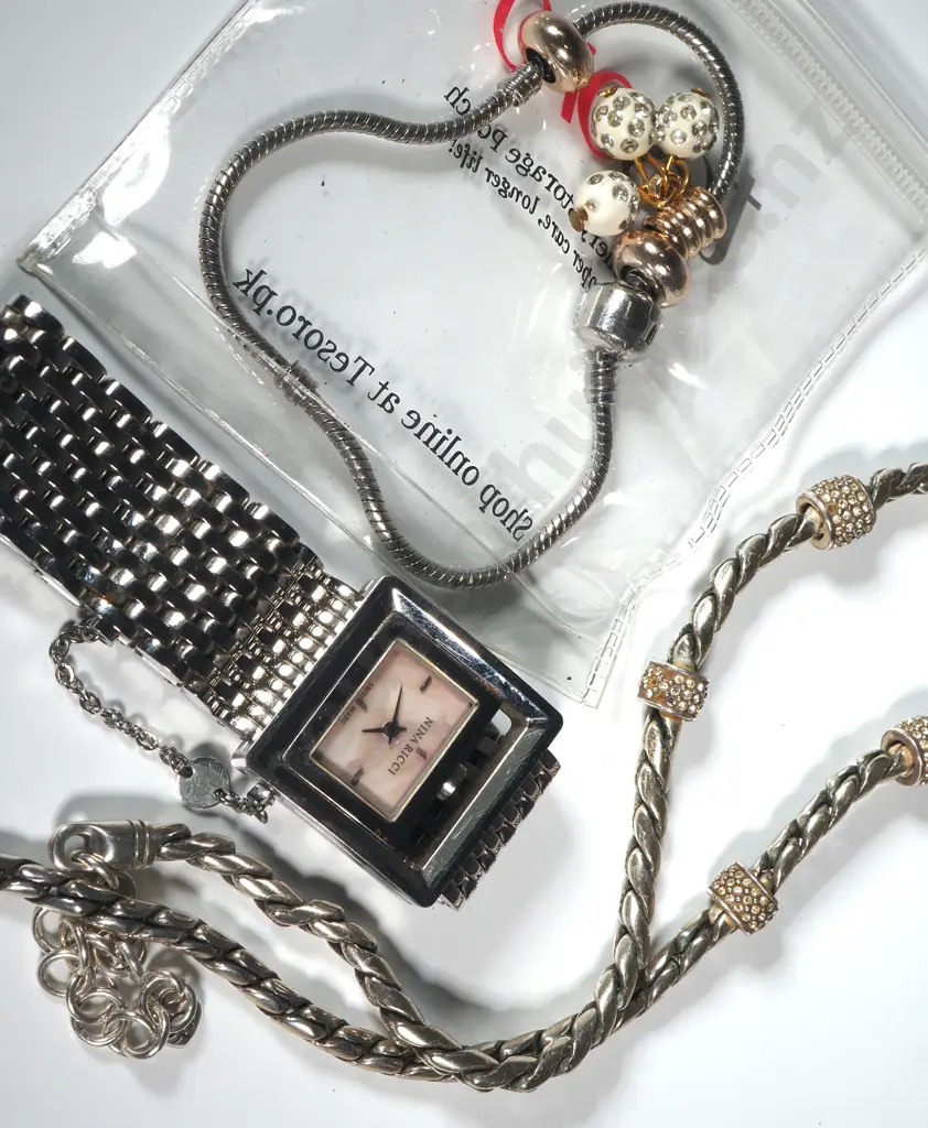 Silver Coloured Charm Bracelet, Necklace & Nina Ricci Watch. Image 1++