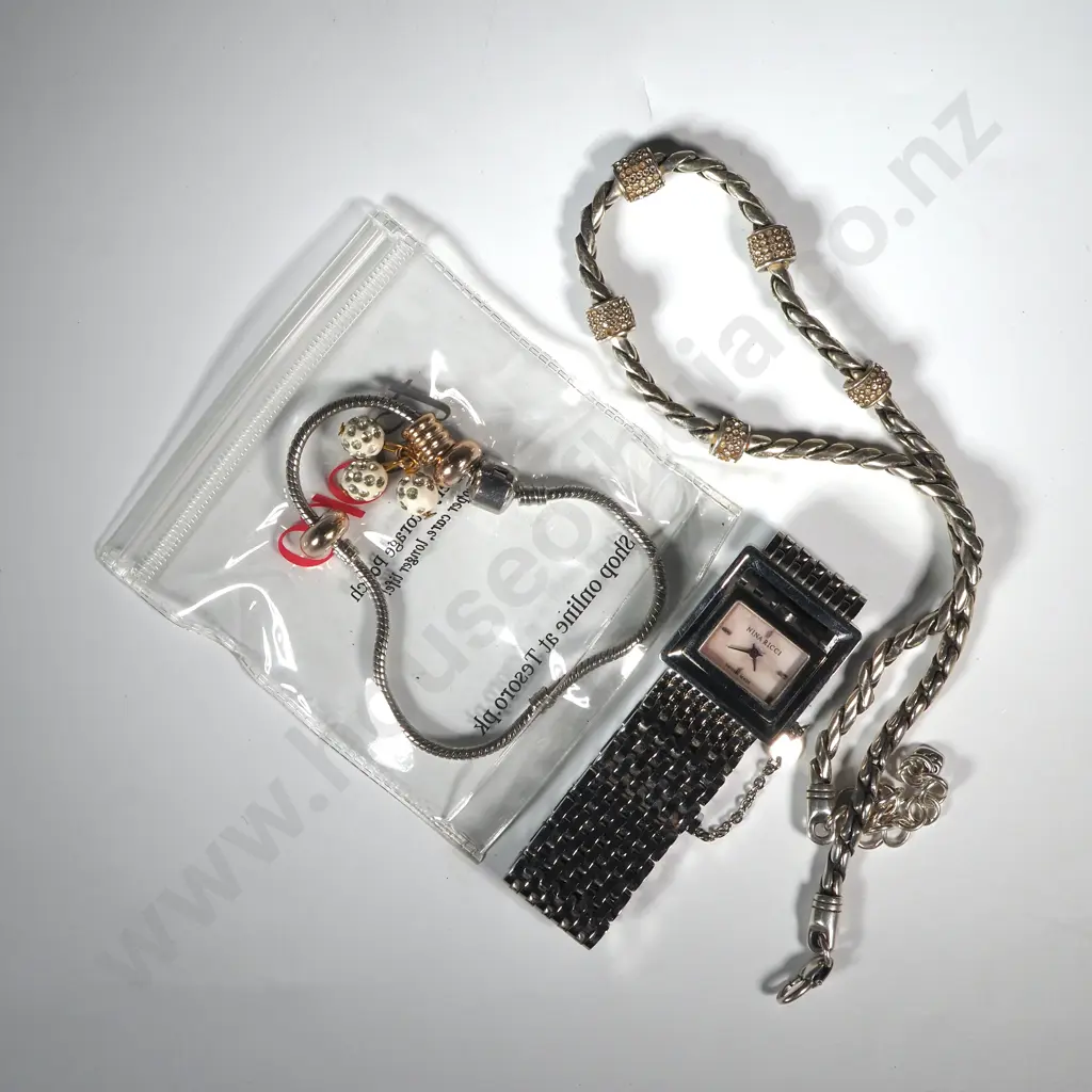 Silver Coloured Charm Bracelet, Necklace & Nina Ricci Watch. Image 1++