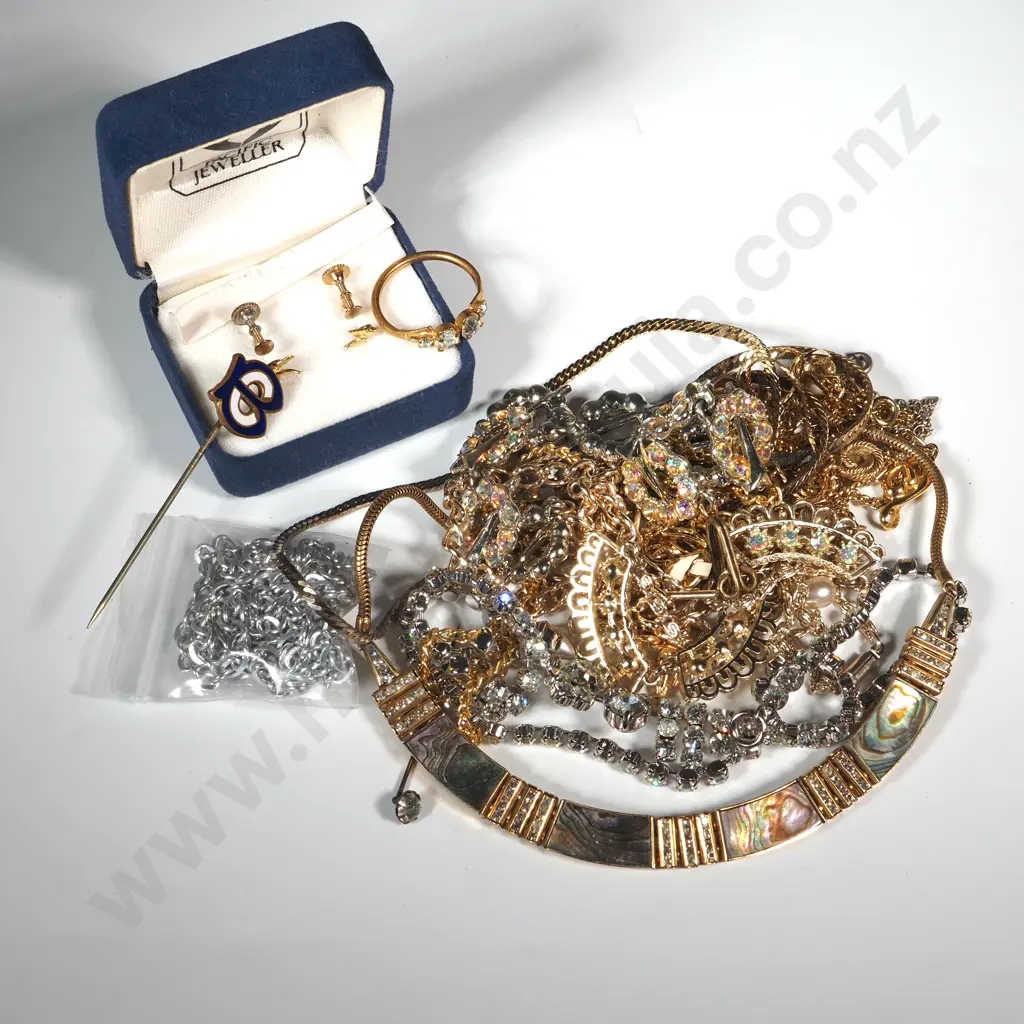 Assorted Lot of Necklaces, 2 Tie Pins & a Boxed Pair of Earrings. Image 1++