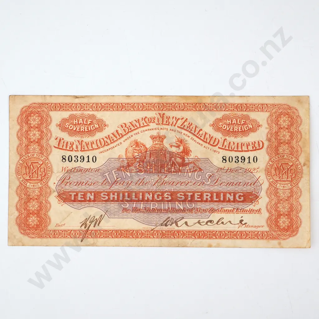 1925 National Bank of New Zealand Ten Shillings Image 1++