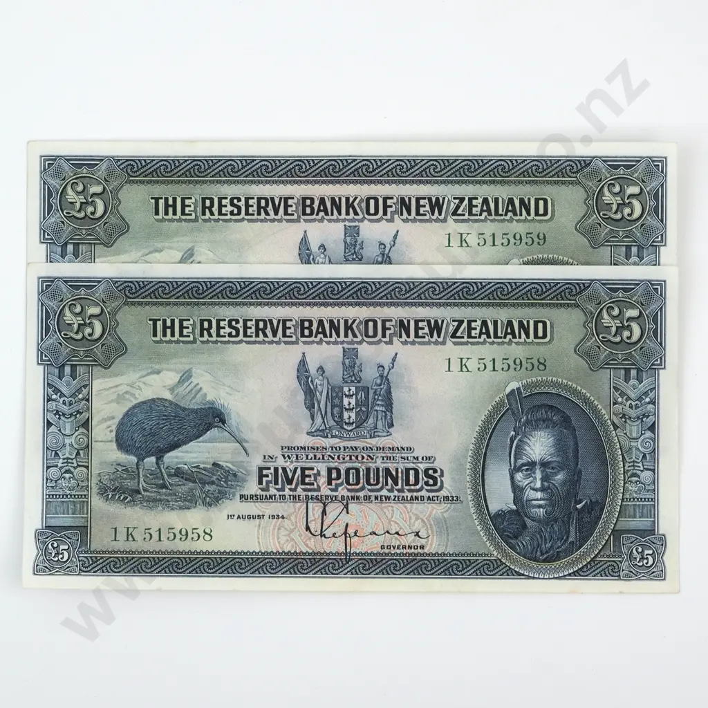 TWO CONSECUTIVE FIVE POUNDS, SERIAL 1K 515958, & 59 ALMOST UNCIRCULATED, C.V. $7550 - CONSECUTIVE WITH FOLLOWING & PRIOR LOTS Image 1++