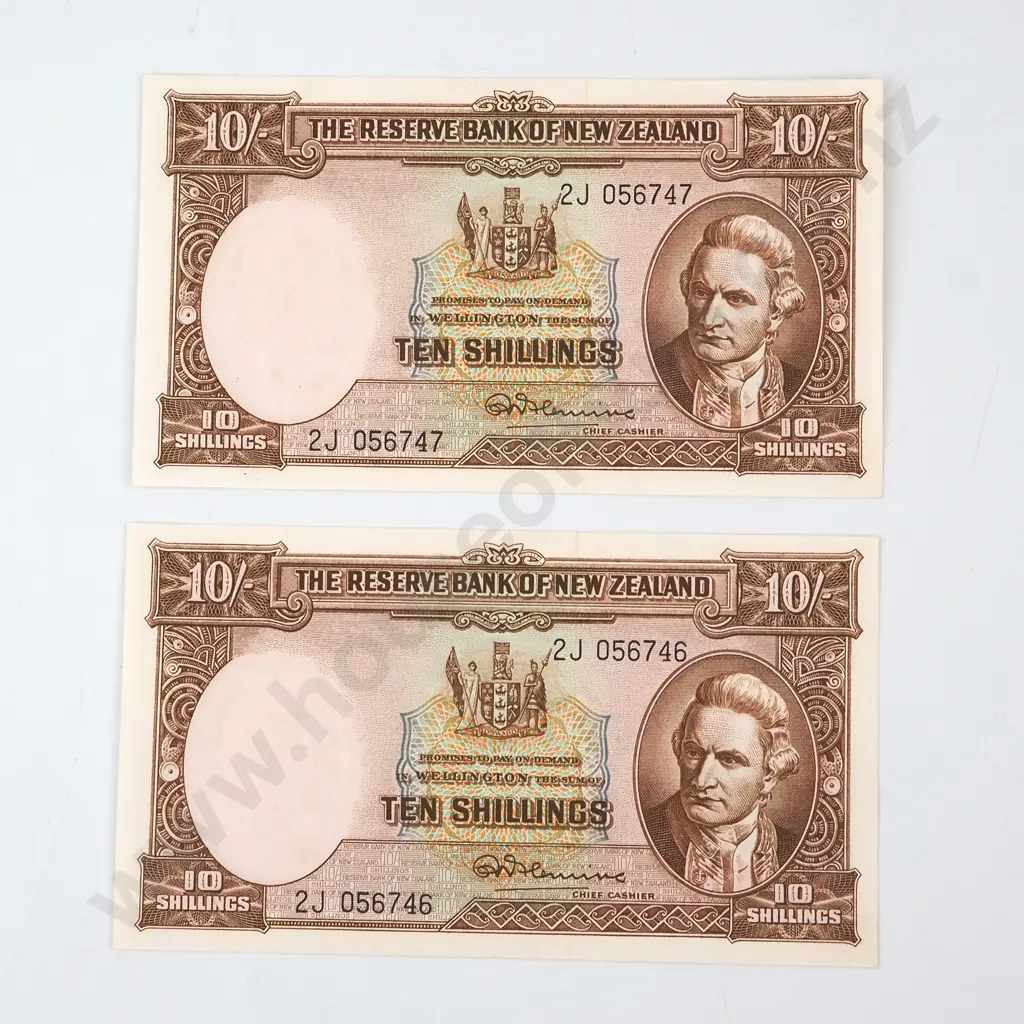 TEN SHILLINGS CONSECUTIVELY NUMBERED PAIR, FLEMING SIGNATURE, SERIALS 2J 056746 / 7, UNCIRCULATED, C.V. $350 Image 1++