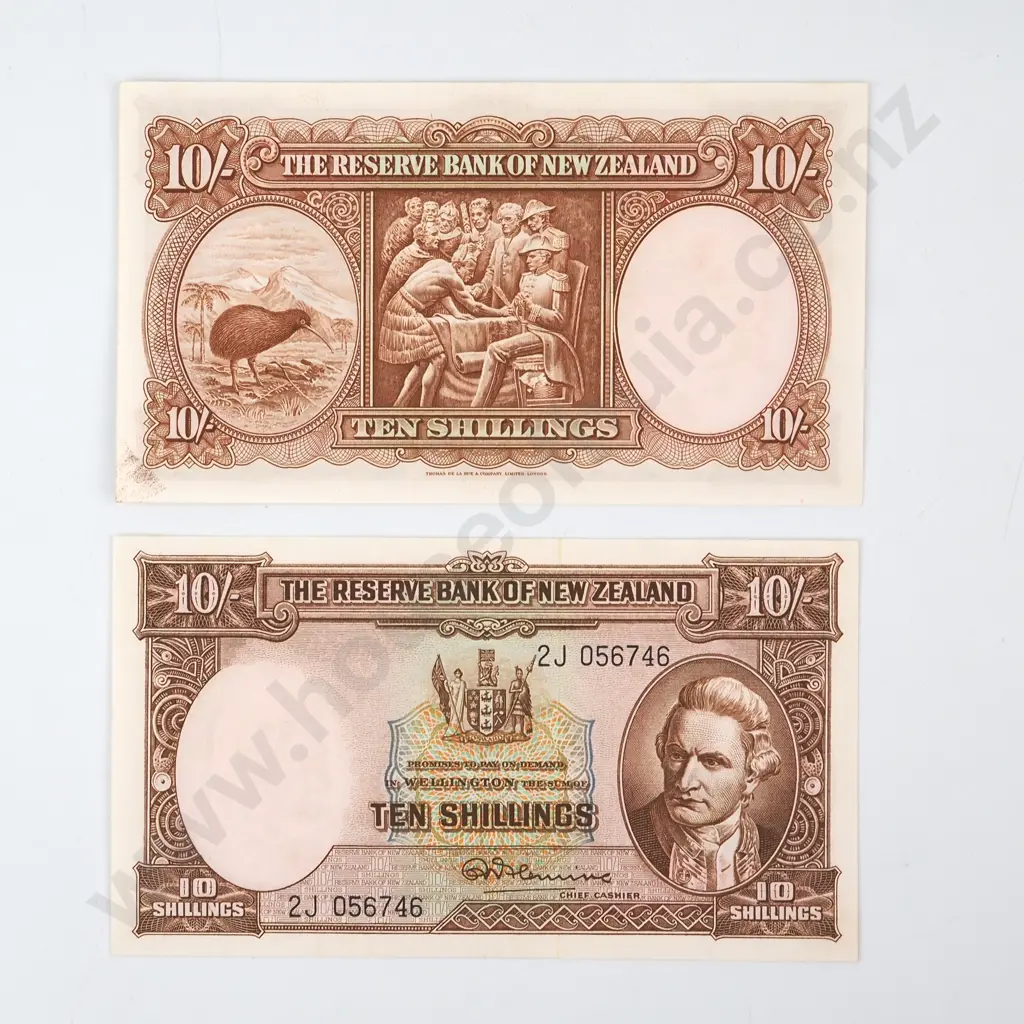 TEN SHILLINGS CONSECUTIVELY NUMBERED PAIR, FLEMING SIGNATURE, SERIALS 2J 056746 / 7, UNCIRCULATED, C.V. $350 Image 1++