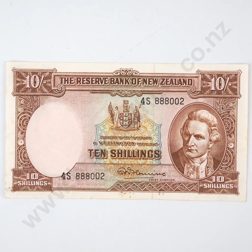 TEN SHILLINGS, FLEMING SIGNATURE, SERIAL 4S 888002, ALMOST UNCIRCULATED, C.V. $130 Image 1++