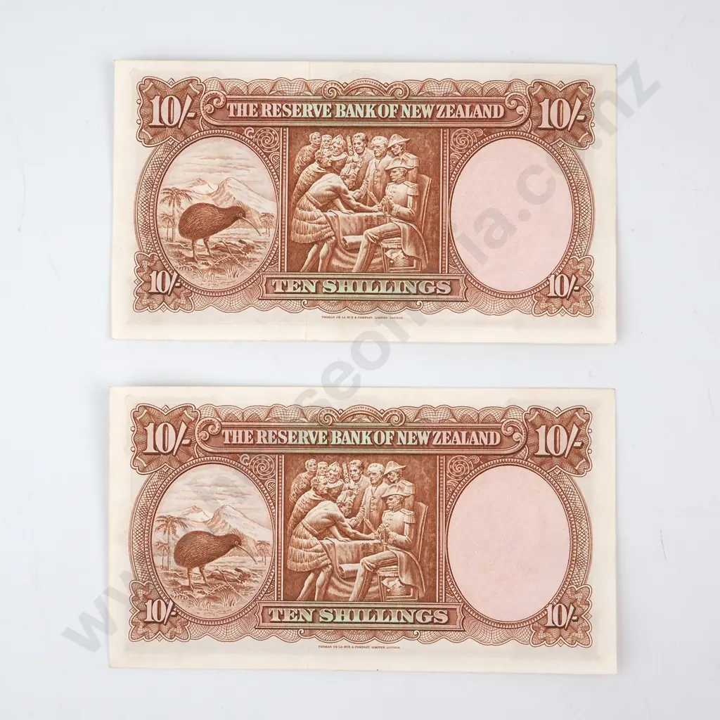 TEN SHILLINGS CONSECUTIVELY NUMBERED PAIR, FLEMING SIGNATURE, SERIALS 7L 617028 / 9, ALMOST UNCIRCULATED, C.V. $260 Image 1++