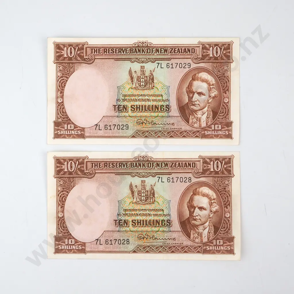 TEN SHILLINGS CONSECUTIVELY NUMBERED PAIR, FLEMING SIGNATURE, SERIALS 7L 617028 / 9, ALMOST UNCIRCULATED, C.V. $260 Image 1++