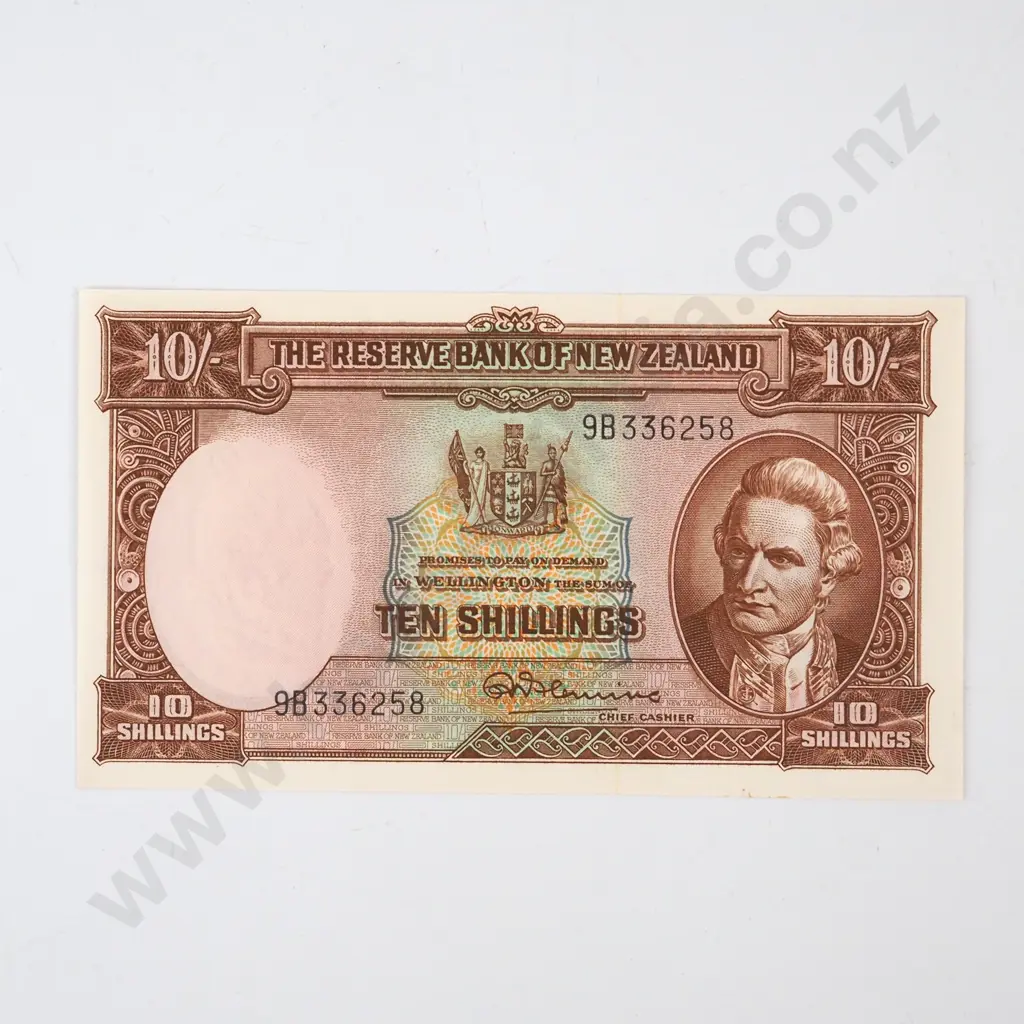 TEN SHILLINGS, FLEMING SIGNATURE, SERIAL 9B 336258, UNCIRCULATED, C.V. $175 Image 1++