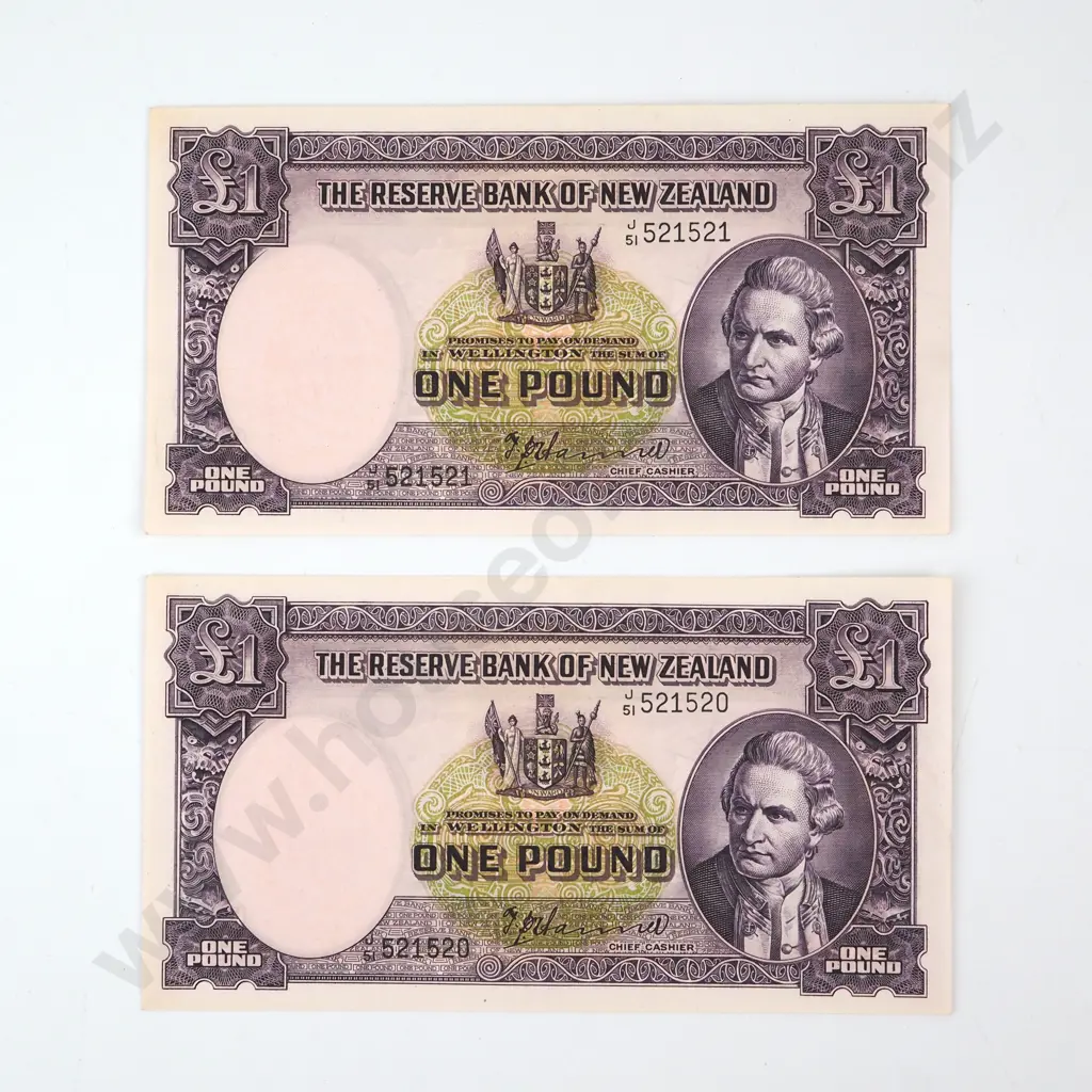ONE POUND CONSECUTIVELY NUMBERED PAIR, HANNA SIGNATURE, SERIALS J OVER 51 521520 / 1, ALMOST UNCIRCULATED, C.V. $750 Image 1++