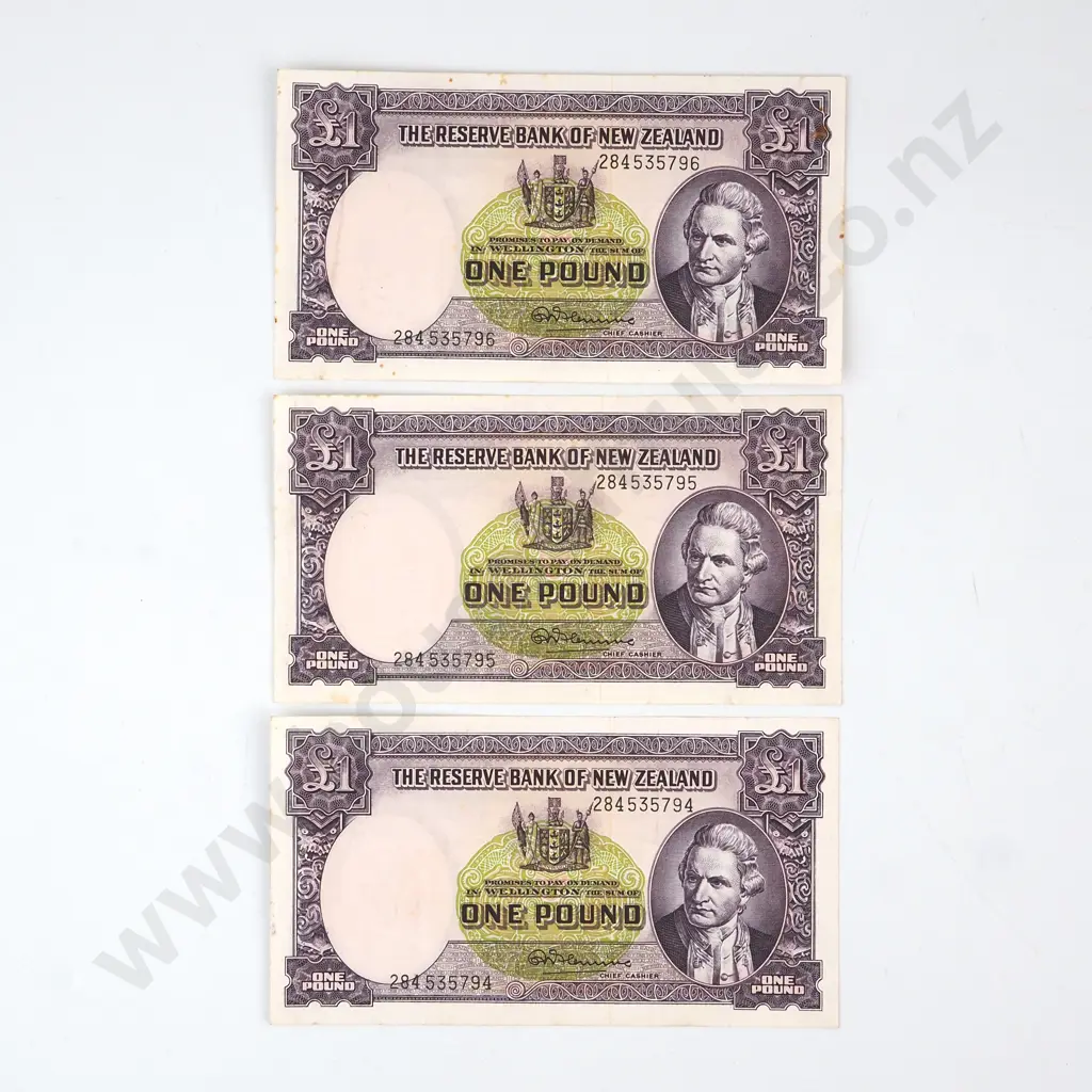 ONE POUND CONSECUTIVELY NUMBERED TRIO, FLEMING SIGNATURE, SERIALS 284 535 794 / 5 / 6, EXTREMELY FINE, C.V. $255 Image 1++