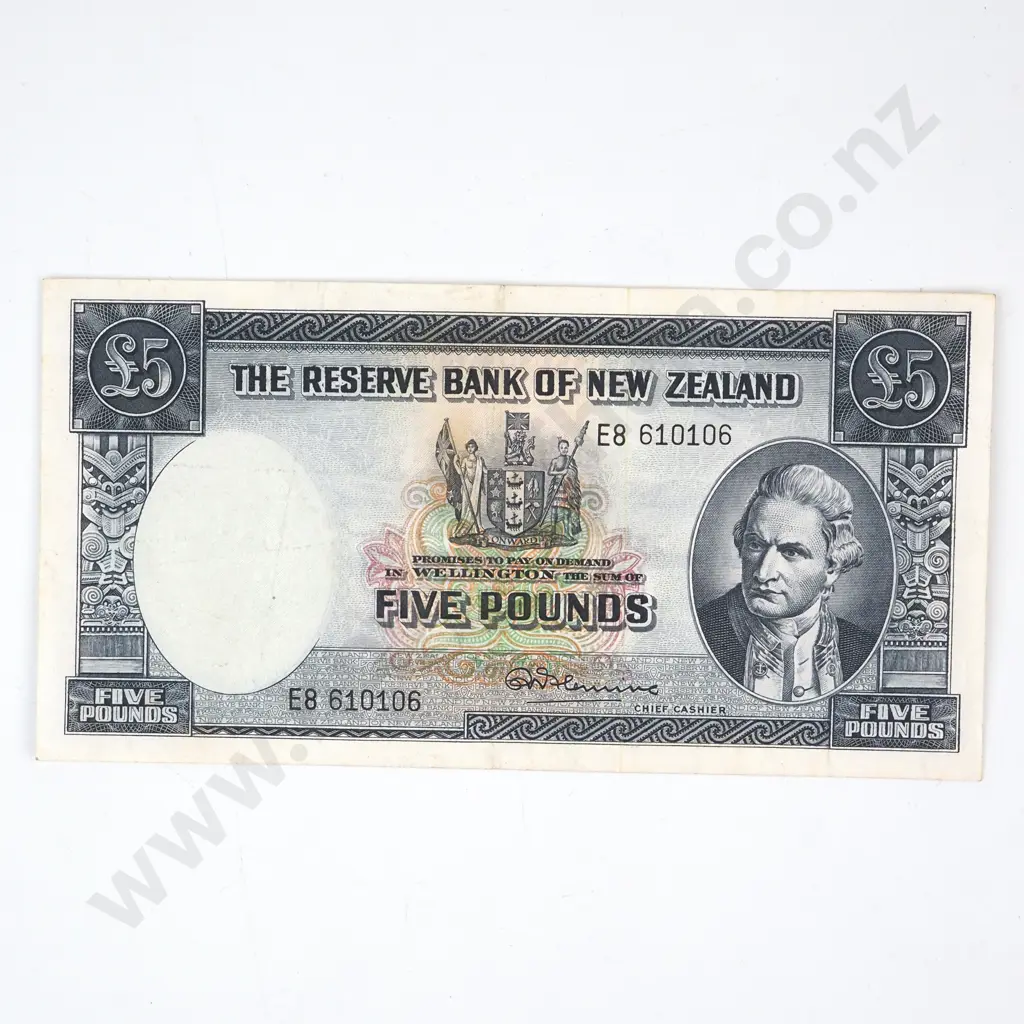 FIVE POUNDS, FLEMING SIGNATURE, SERIAL E8 610106 ( LAST PREFIX OF TYPE ), VERY FINE, C.V. $250 Image 1++