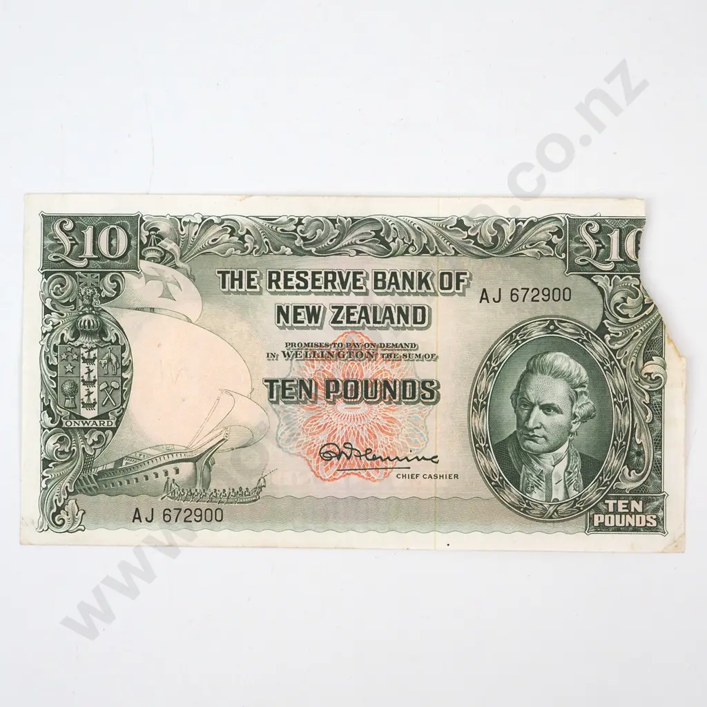 TEN POUNDS, FLEMING SIGNATURE, SERIAL AJ 672900, VERY FINE BUT DAMAGED Image 1++