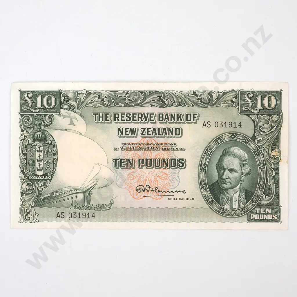 TEN POUNDS, FLEMING SIGNATURE, SERIAL AS 031914 ( LAST PREFIX OF SIGNATURE ), VERY FINE, C.V. $420 Image 1++