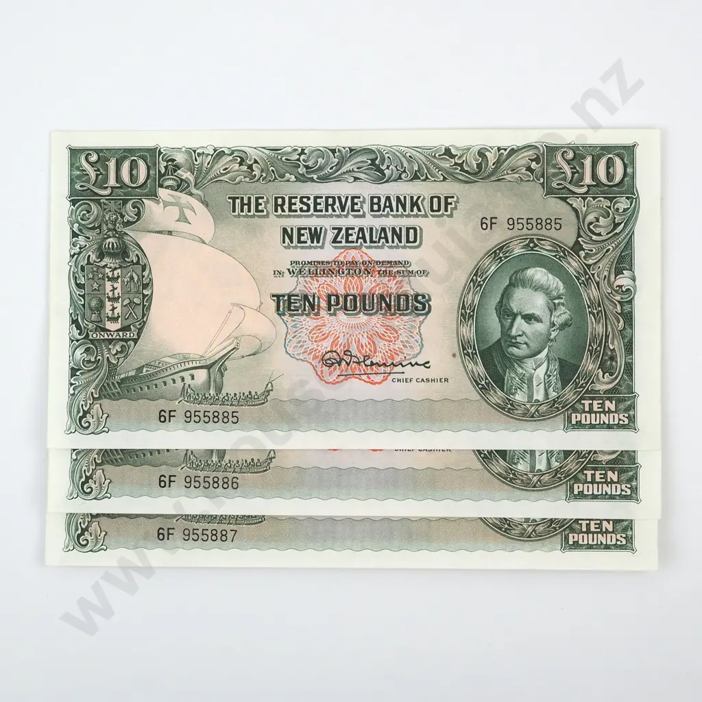 CONSECUTIVELY NUMBERED TRIO FLEMING SIGNATURE, SERIALS 6F (FIRST PREFIX), EF W CENTRE CREASE - NOTES HAVE NEVER BEEN IN CIRCULATION Image 1++