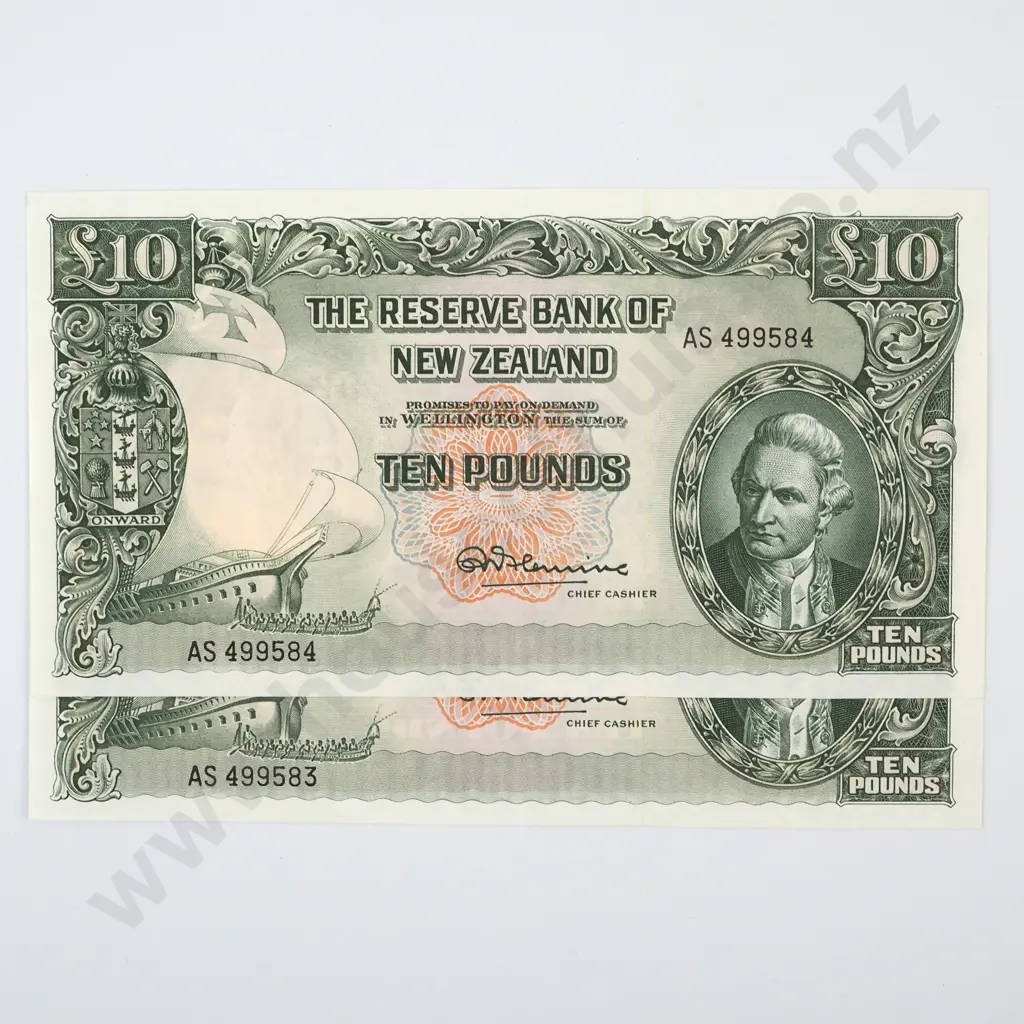 TEN POUNDS CONSECUTIVELY NUMBERED PAIR, FLEMING SIGNATURE, SERIALS AS 499582 / 3, UNCIRCULATED, LAST PREFIX C.V. $2100 Image 1++