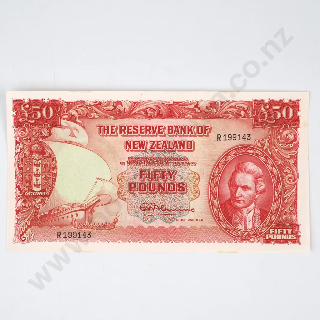 FIFTY POUNDS, FLEMING SIGNATURE, SERIAL  R 199143, UNCIRCULATED ( VERY LIGHT STAINS ), C.V. $7250 ( NOT COUNTING STAINS) Image 1++