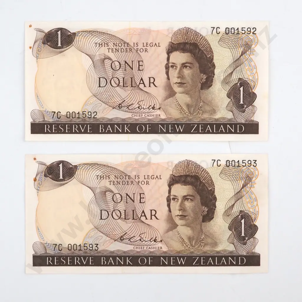 CONSECUTIVELY NUMBERED PAIR WILKS SIGNATURE, SERIALS 7C 001592 / 3, ALMOST UNCIRCULATED BUT WITH TWO RUSTED STAPLE HOLES IN EACH, C.V. $80 ( NOT COUNTING THE HOLES ) Image 1++