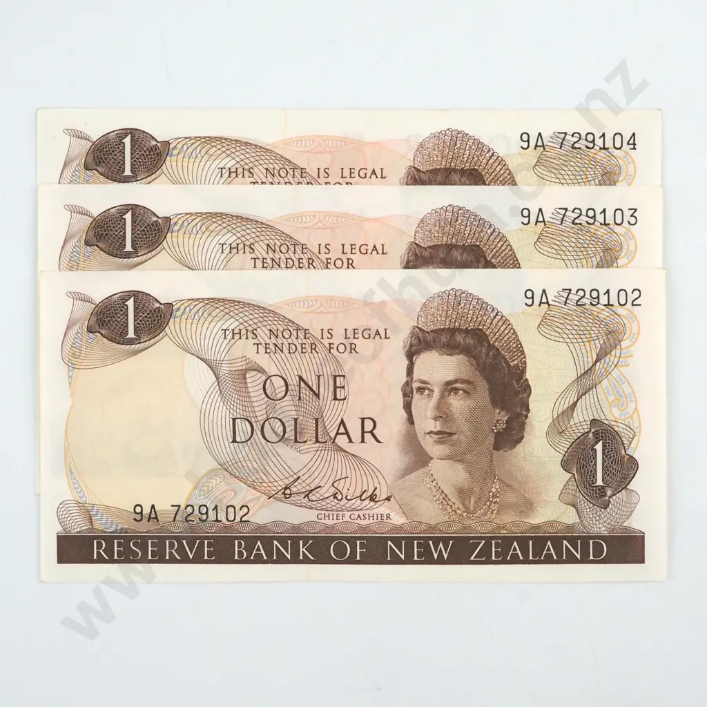 CONSECUTIVELY NUMBERED TRIO WILKS SIGNATURE, SERIALS 9A 729102 / 3/ 4, ALMOST UNCIRCULATED, C.V. $120 Image 1++