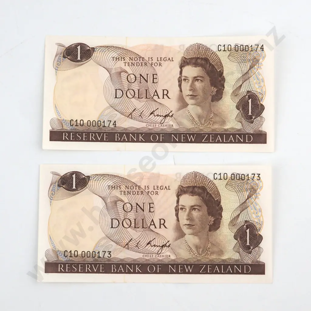 CONSECUTIVELY NUMBERED PAIR KNIGHT SIGNATURE, SERIALS C10 000173 / 4 ( LOW NUMBERS ) ( FIRST PREFIX OF SIGNATURE ), UNCIRCULATED, C.V. $140 Image 1++