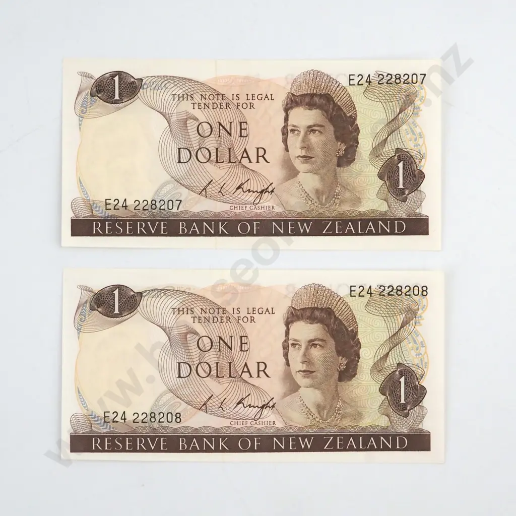 CONSECUTIVELY NUMBERED PAIR KNIGHT SIGNATURE, SERIALS  E24 228207 / 8 ( LAST PREFIX OF SIGNATURE ), ALMOST UNCIRCULATED, C.V. $220 Image 1++