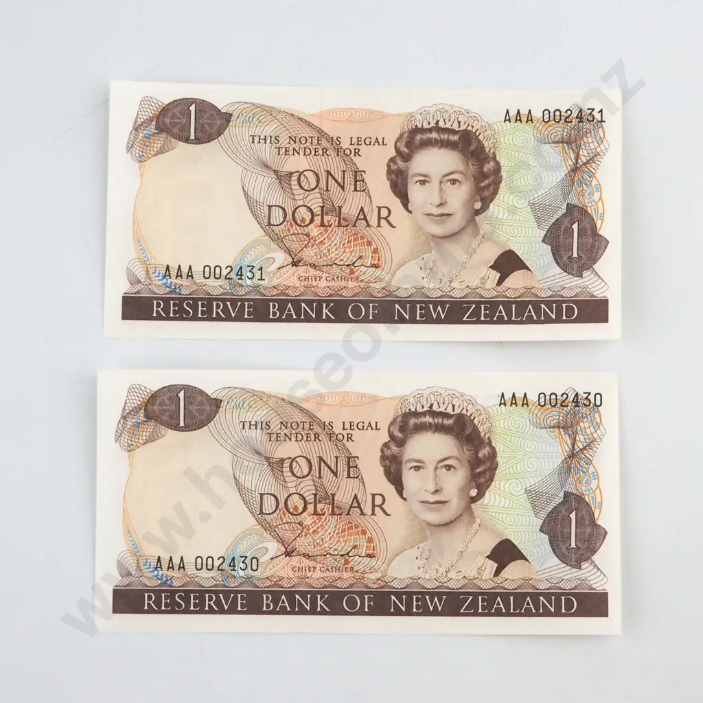 CONSECUTIVELY NUMBERED PAIR HARDIE TYPE 2 SIGNATURE, SERIALS AAA 002430 / 1 ( FIRST PREFIX OF SIGNATURE ), UNCIRCULATED, C.V. $40 Image 1++