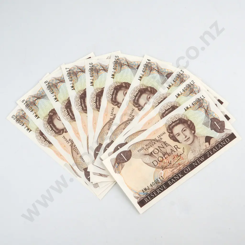 10 X CONSECUTIVELY NUMBERED BRASH SIGNATURE, SERIALS  AMJ 406611 TO AMJ 409620 ( FIRST PREFIX OF SIGNATURE ), UNCIRCULATED, C.V. $300 Image 1++