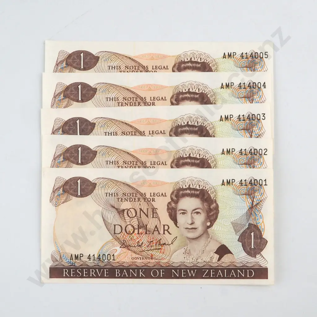 5 X CONSECUTIVELY NUMBERED BRASH SIGNATURE, SERIALS  AMP 414001 TO AMP 414005,  UNCIRCULATED, C.V. $75 Image 1++