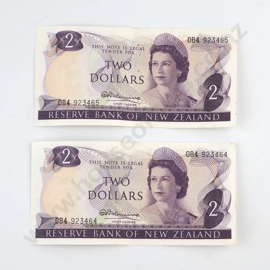 CONSECUTIVELY NUMBERED PAIR FLEMING SIGNATURE, SERIALS 0B4 923464 / 5, EXTREMELY FINE, C.V. $80 Image 1++