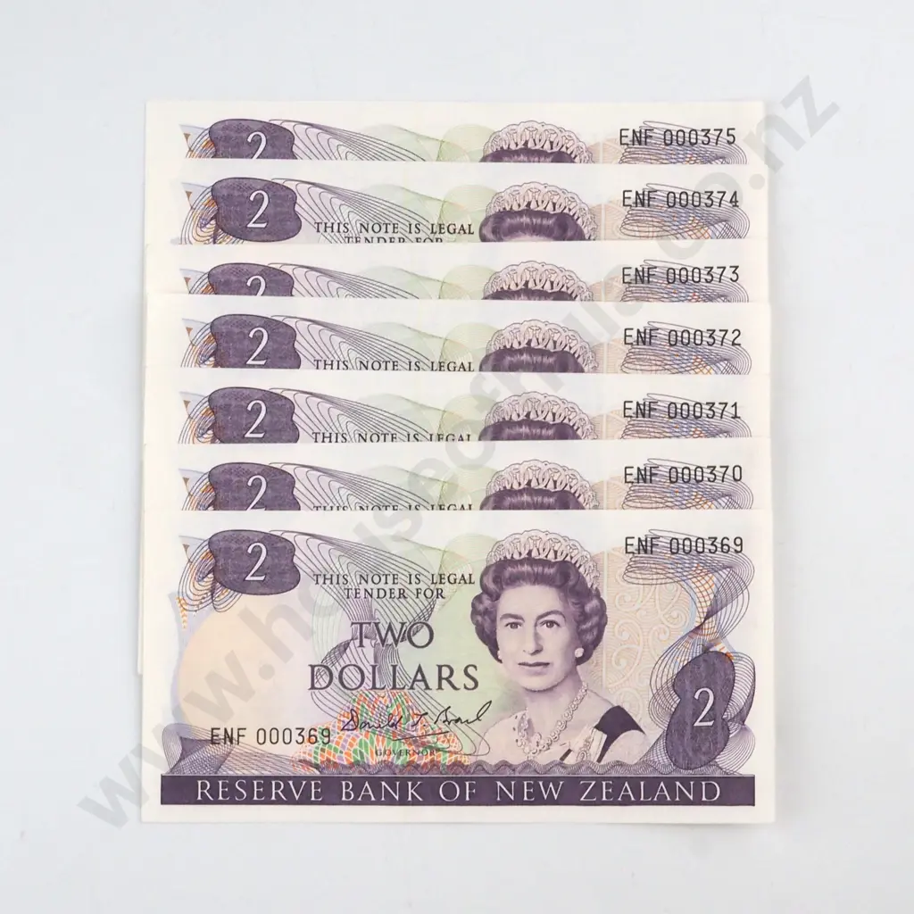 7 X CONSECUTIVELY NUMBERED BRASH SIGNATURE, SERIALS ENF 000369 TO ENF 000375 ( LOW NUMBERS ) ( FIRST PREFIX OF SIGNATURE ), ALMOST UNCIRCULATED, C.V. $210 Image 1++