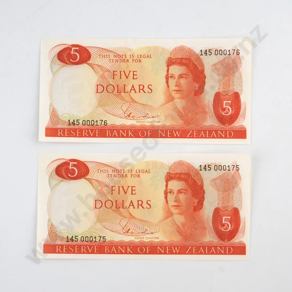 CONSECUTIVELY NUMBERED PAIR HARDIE TYPE 1 SIGNATURE, SERIALS 145 000175 / 6  ( LOW NUMBERS ) ( FIRST PREFIX OF SIGNATURE ), UNCIRCULATED, C.V. $400 Image 1++